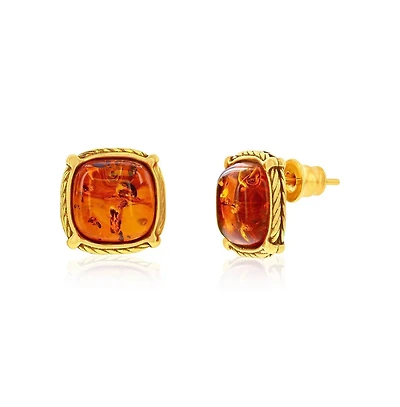 Caribbean Treasures Sterling Silver, Square Amber Studs - Gold Plated