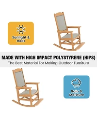 Mega Casa Poly Lumber Outdoor Rocking Chair with High-Strength Textilene Backrest and Seat, Ergonomic Design, Hips, Wood-Like Pattern, Heavy Duty 380