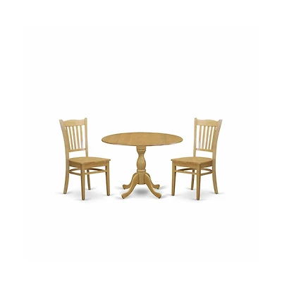 East West Furniture 3 Piece Dining Room Table Set - Oak Dining Room Table and 2 Oak Modern Dining Room Chairs with Slatted Back - Oak Finish