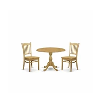 East West Furniture 3 Piece Dining Room Table Set - Oak Dining Room Table and 2 Oak Modern Dining Room Chairs with Slatted Back - Oak Finish