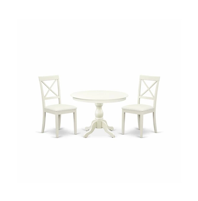East West Furniture 3 Piece Dining Room Set - Linen White Wood Table and 2 Linen White Faux Leather Dining Room Chairs with X-Back