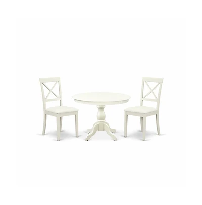 East West Furniture 3 Piece Dining Room Set - Linen White Wood Table and 2 Linen White Faux Leather Dining Room Chairs with X-Back