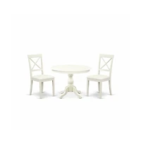 East West Furniture 3 Piece Dining Room Set - Linen White Wood Table and 2 Linen White Faux Leather Dining Room Chairs with X-Back