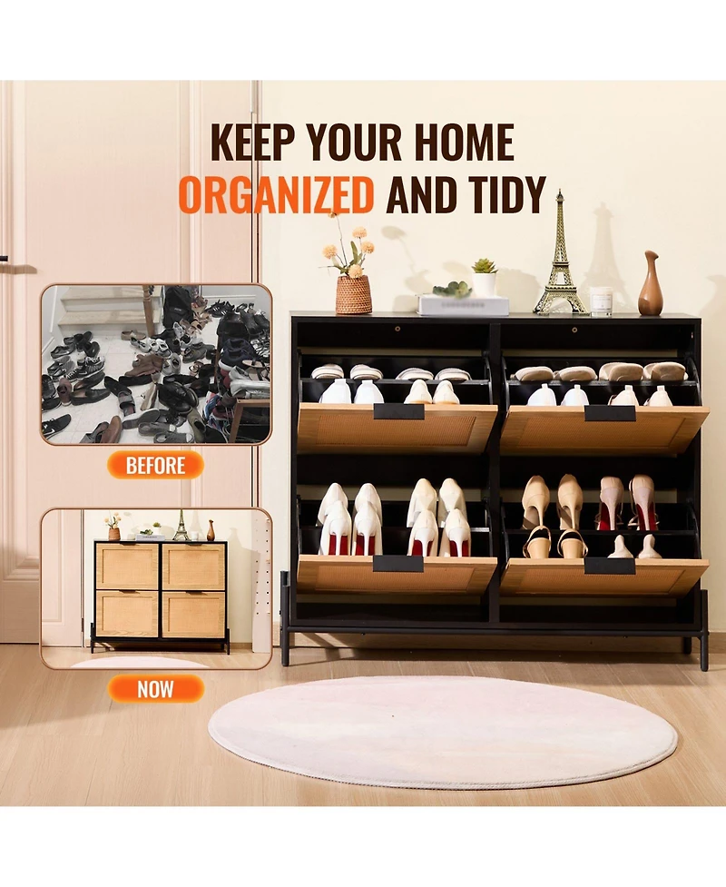 Slickblue Narrow Rattan Shoe Cabinet with 4 Flip Drawers, Slim Entryway Storage with Metal Legs