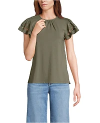 Lands' End Women's Lightweight Jersey Crew Neck Ruffle Sleeve Flowy Top