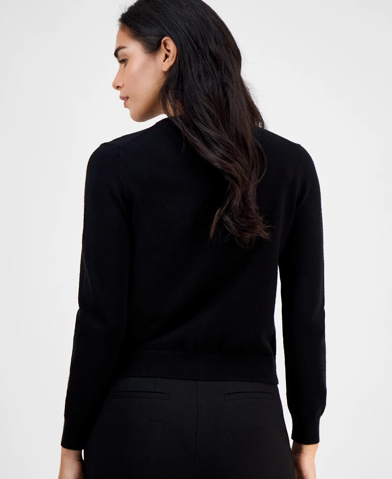 Ak Anne Klein Petite Round-Neck Embellished-Bow Cardigan Sweater