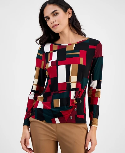 Ak Anne Klein Petite Printed Ruched-Front Long-Sleeve Top