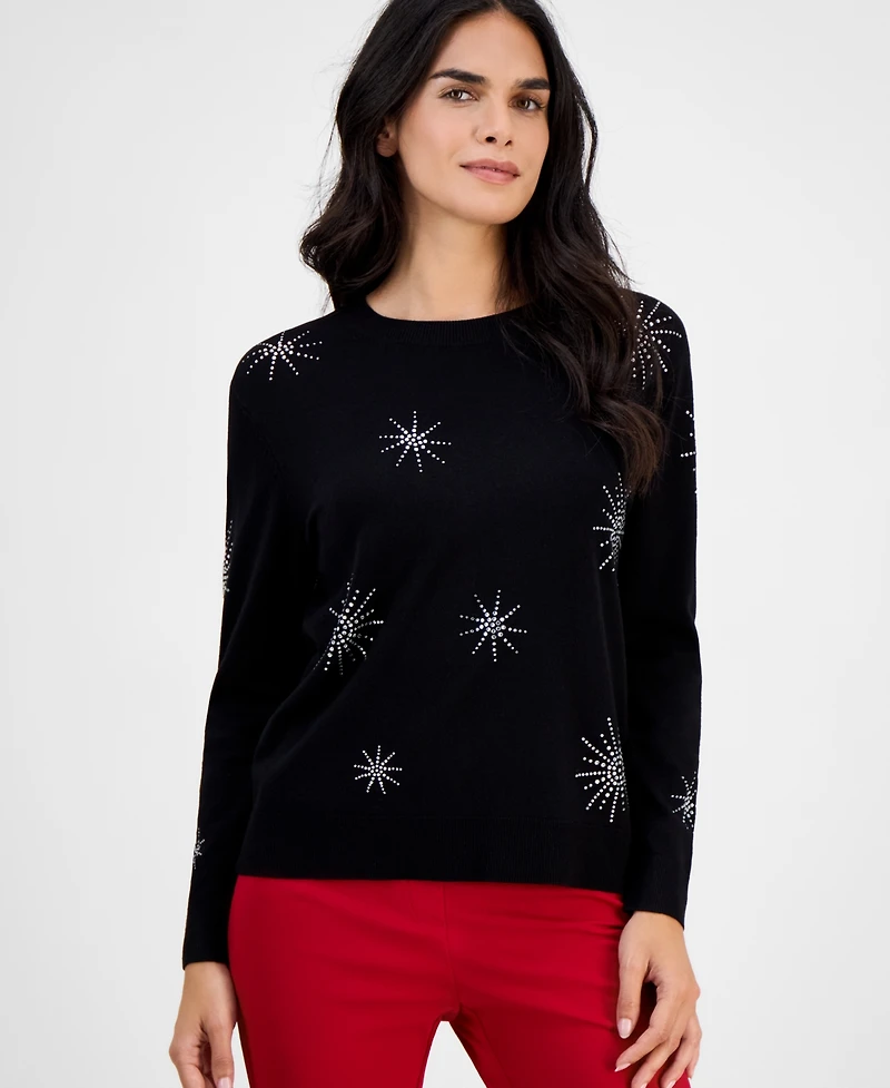 Ak Anne Klein Embellished Crewneck Long-Sleeve Sweater