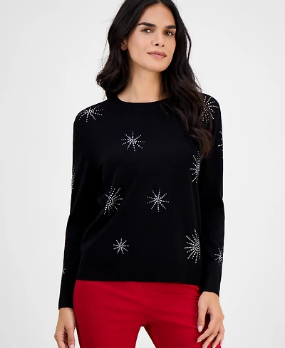 Ak Anne Klein Embellished Crewneck Long-Sleeve Sweater