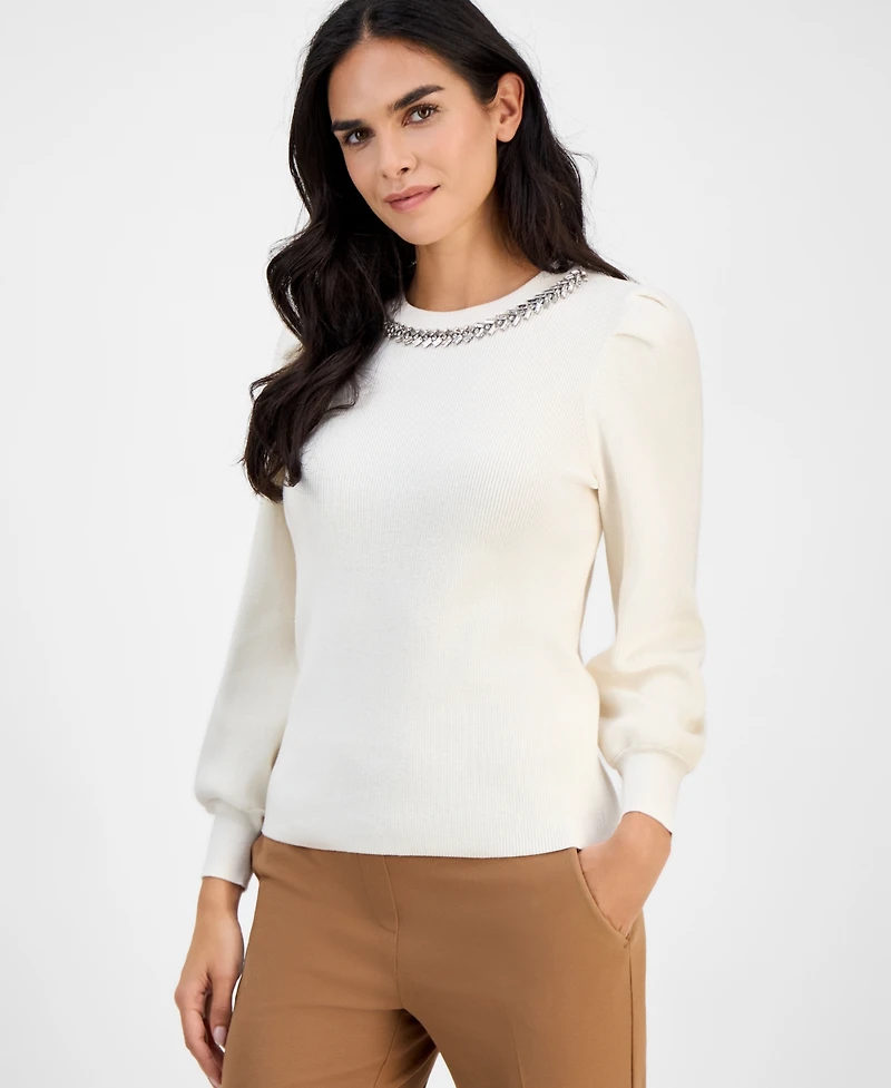 Ak Anne Klein Petite Embellished-Crewneck Puff-Sleeve Sweater
