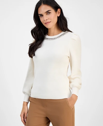 Ak Anne Klein Petite Embellished-Crewneck Puff-Sleeve Sweater