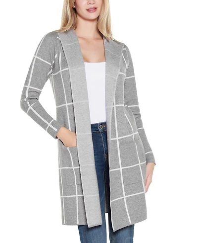 Belldini Women's Hooded Windowpane Plaid Coatigan Sweater