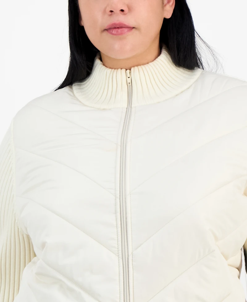 Madden Girl Trendy Plus Zip-Front Mixed-Media Puffer Cardigan