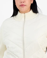 Madden Girl Trendy Plus Zip-Front Mixed-Media Puffer Cardigan