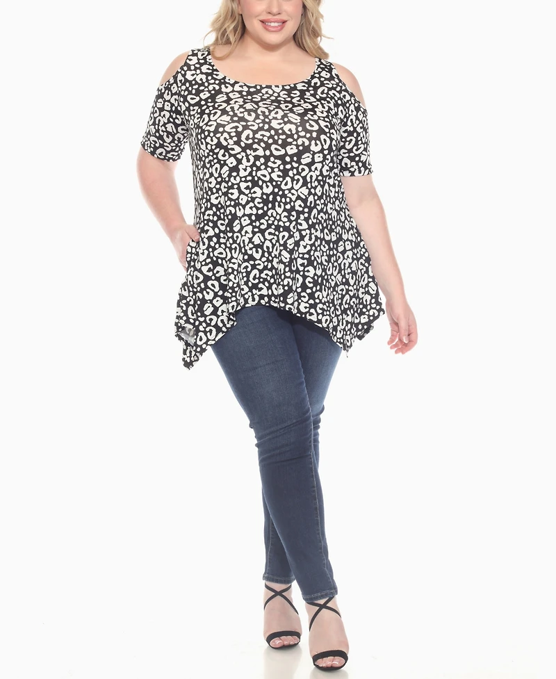 White Mark Plus Cold Shoulder Leopard Print Short Sleeve Knit Top