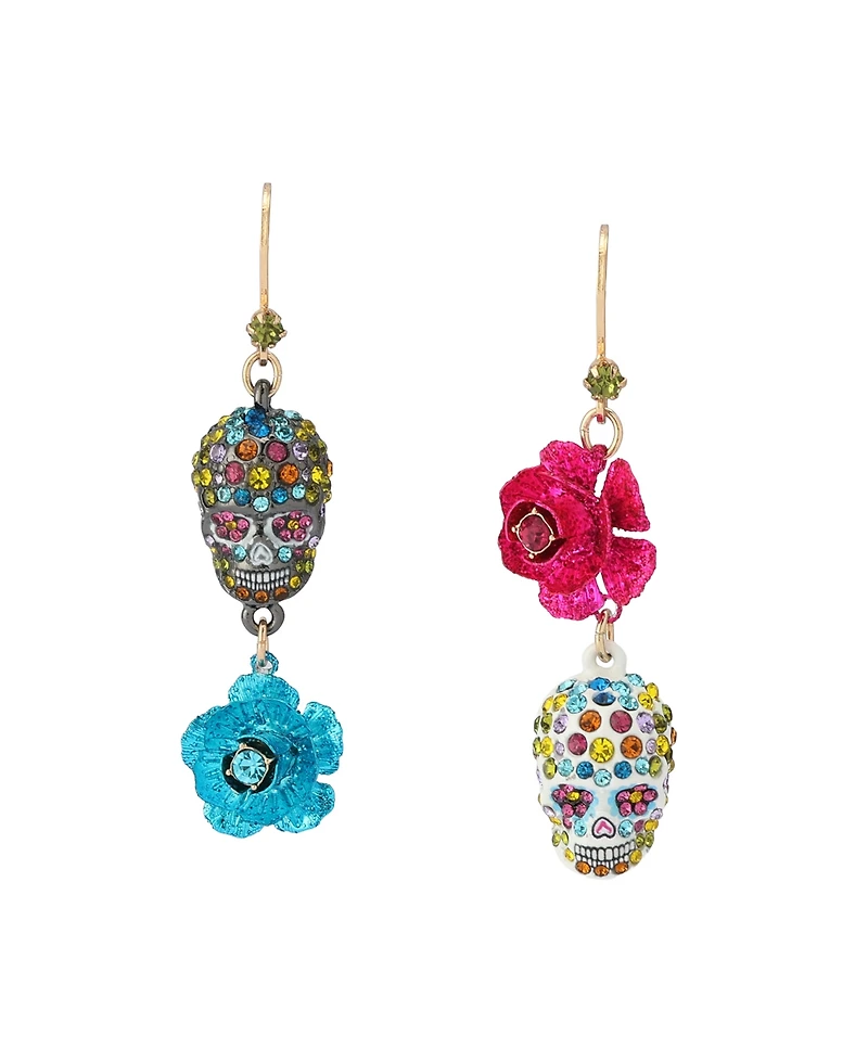 Betsey Johnson Faux Stone Sugar Skull Flower Mismatch Earrings - Multi