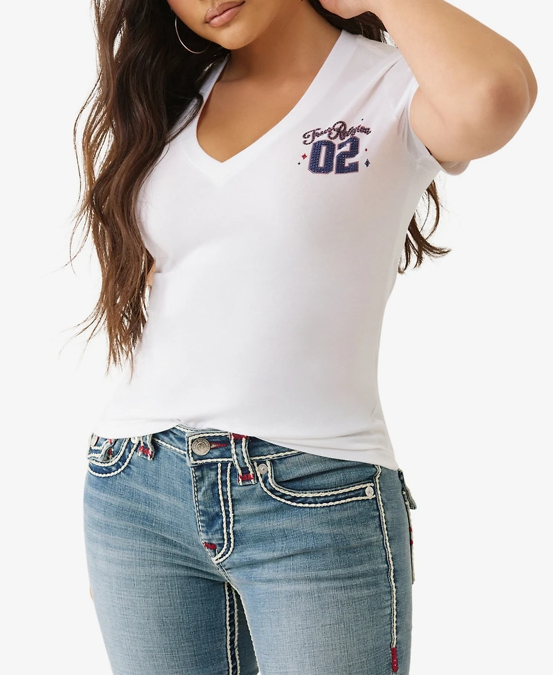 True Religion Women's Sporty Crystal V Neck T-Shirt