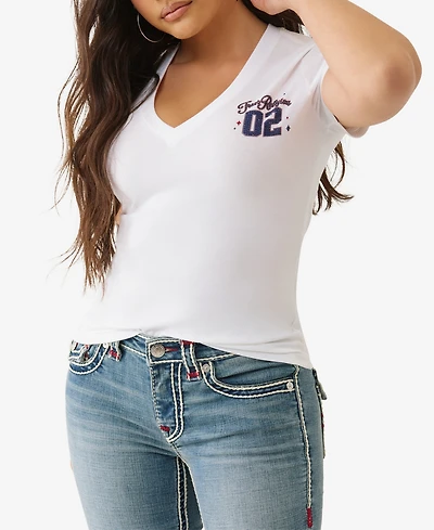 True Religion Women's Sporty Crystal V Neck T-Shirt