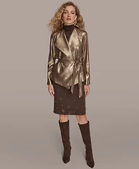 Donna Karan New York Women's Metallic Faux Leather Belted Jacket