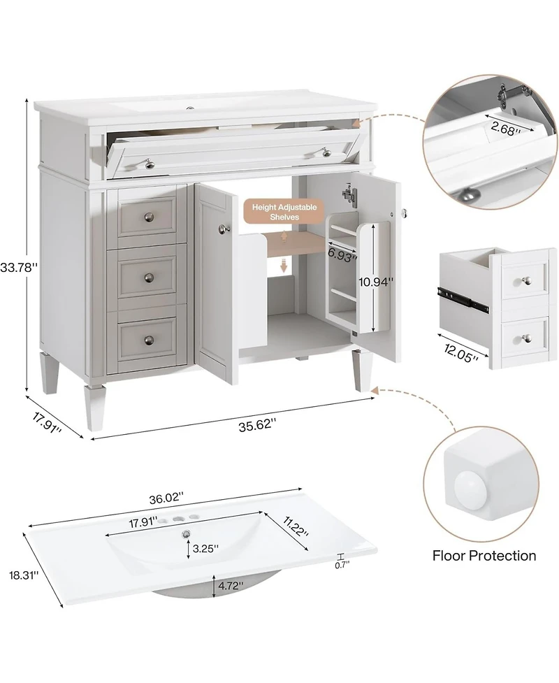 Tribesigns 36" Bathroom Vanity with Sink, 4 Drawers & 2 Doors, Bathroom Storage Vanity with Metal Handles, Solid Wood Frame, Paint Surface White