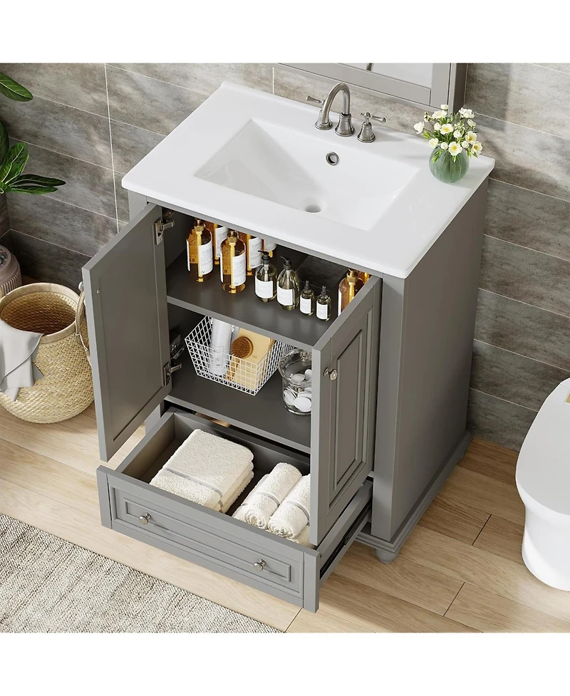 Tribesigns 24" Bathroom Vanity with Ceramic Sink Combo, Freestanding Bathroom Storage Vanity Cabinet with 2 Doors & 1 Drawer, Solid Wooden Frame & Coa