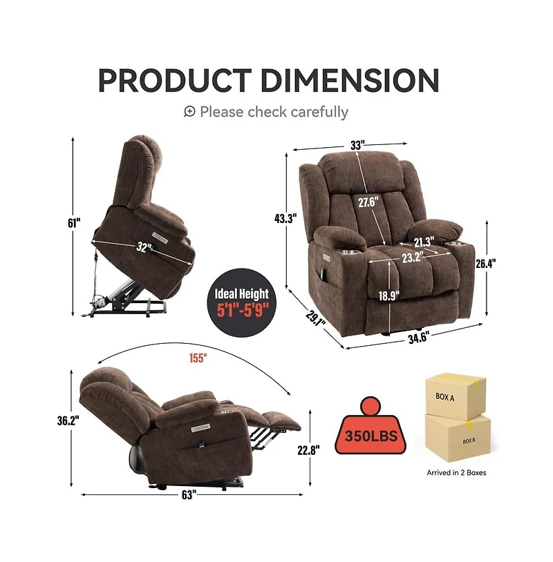 Maison Boucle Power Lift Recliner with Heat & Massage, Electric Chenille Chair Usb Port, Cup Holders Heavy-Duty 350 Lbs Support-Maison