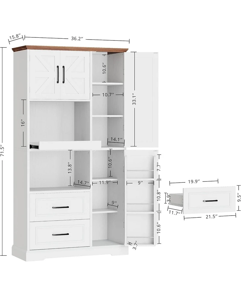 Farmhouse Kitchen Pantry Cabinet with Microwave Stand, Drawers, White
