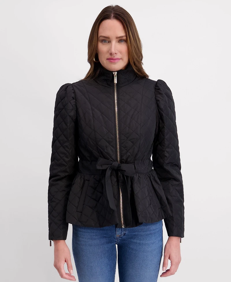 Kensie Women's Quilted Puff Sleeved Belted Jacket