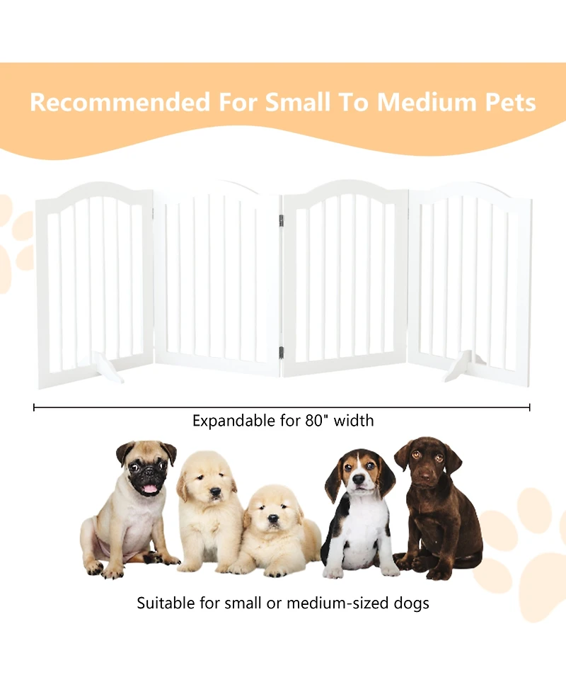 Aostirmotor 27.6" Height Tall Freestanding Pet Gate 4 Panels Foldable Dog Gate Solid Wood Folding Safety Fence Wooden Dog Gate
