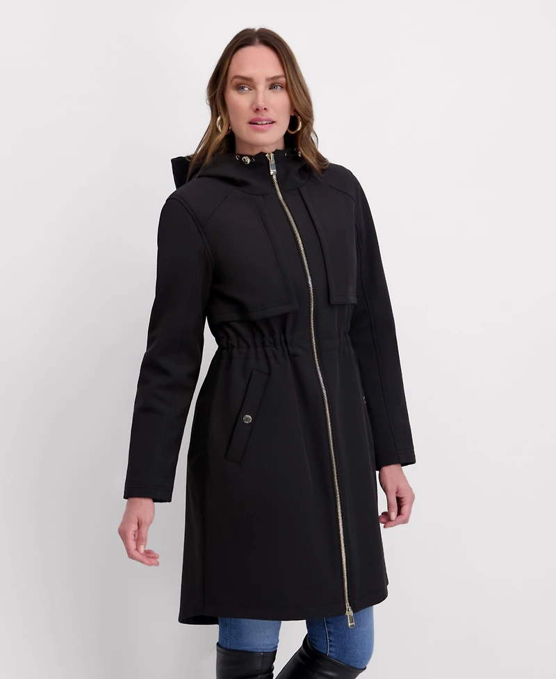 Kensie Women's Shirttail Cinched Waist Hooded Softshell