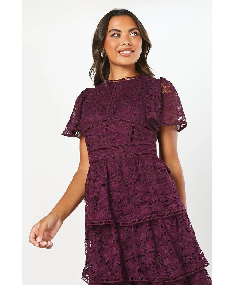 Coast Women's Tiered Lace Dress With Flutter Sleeve