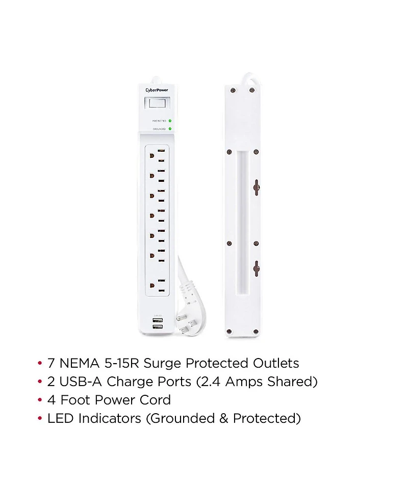 CyberPower P704URC1 7-Outlet Surge Protector with 2x Usb-a Port, White