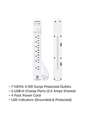 CyberPower P704URC1 7-Outlet Surge Protector with 2x Usb-a Port, White