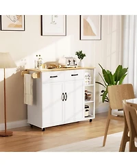 43.12-Inch White Kitchen Island & Cart with Drop-Leaf, 2 Drawers, Adjustable Shelves, Lockable Wheels & Wood Top for Kitchen & Bar