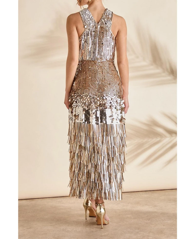 Coast Women's Gold Sequin Tassel Halter Neck Dress