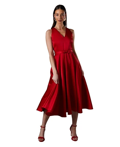 Coast Bow Trim V Neck Volume Skirt Midi Dress