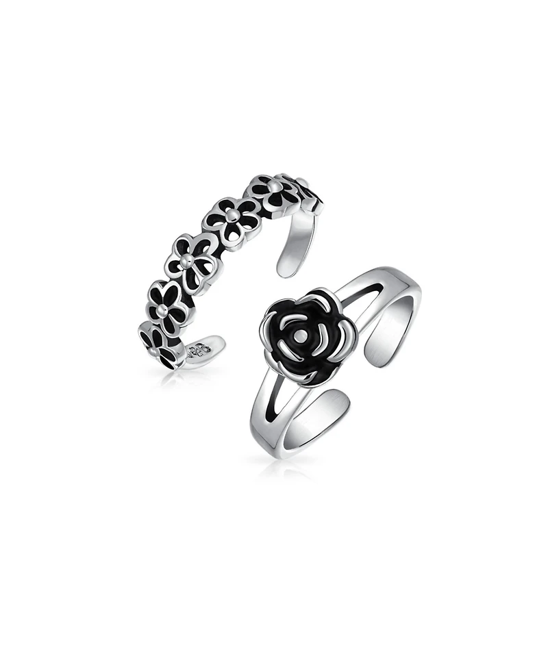 Bling Jewelry Set of 2 Daisy Flower and Black Rose Midi Band Toe Ring Oxidized Sterling Silver