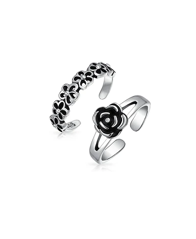 Bling Jewelry Set of 2 Daisy Flower and Black Rose Midi Band Toe Ring Oxidized Sterling Silver