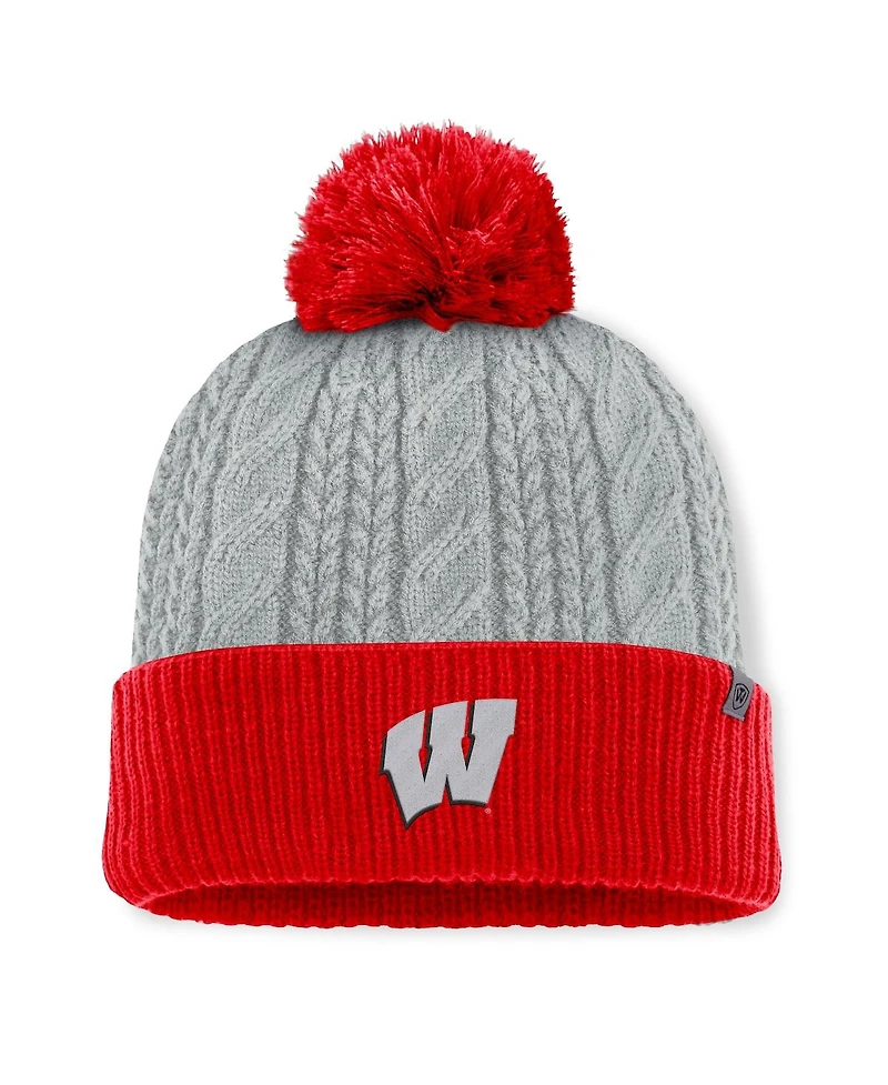 Top of the World Women's Gray/Red Wisconsin Badgers Becca Cuffed Knit with Pom Hat