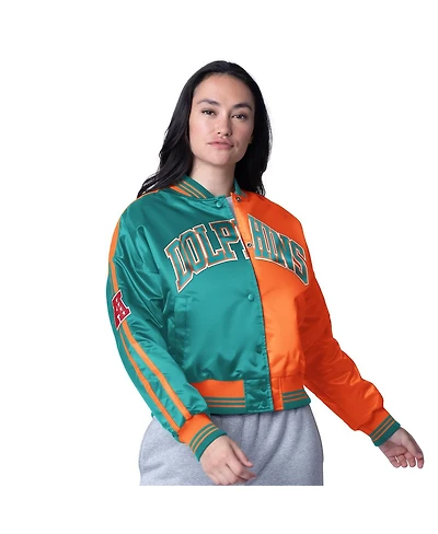 Starter Women's Aqua/Orange Miami Dolphins Zone Blitz Cropped Full-Snap Satin Jacket