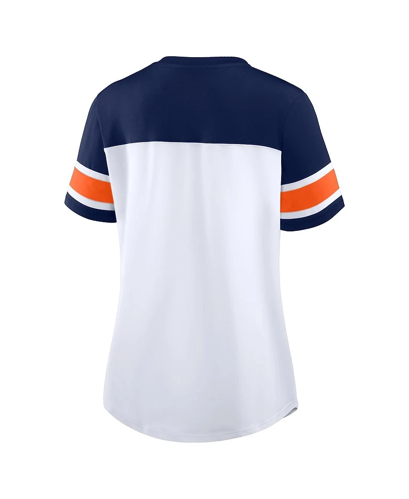Fanatics Women's White/Navy Denver Broncos Athena Rhinestone Lace-Up V-Neck T-Shirt