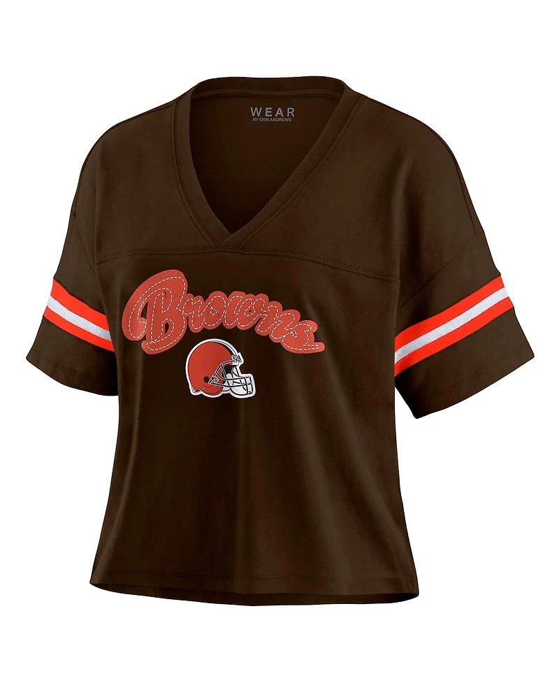 Wear by Erin Andrews Women's Brown Cleveland Browns Color Block Boxy Modest Crop V-Neck T-Shirt