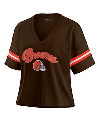 Wear by Erin Andrews Women's Brown Cleveland Browns Color Block Boxy Modest Crop V-Neck T-Shirt
