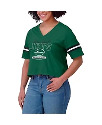 Wear by Erin Andrews Women's Green New York Jets Color Block Boxy Modest Crop V-Neck T-Shirt