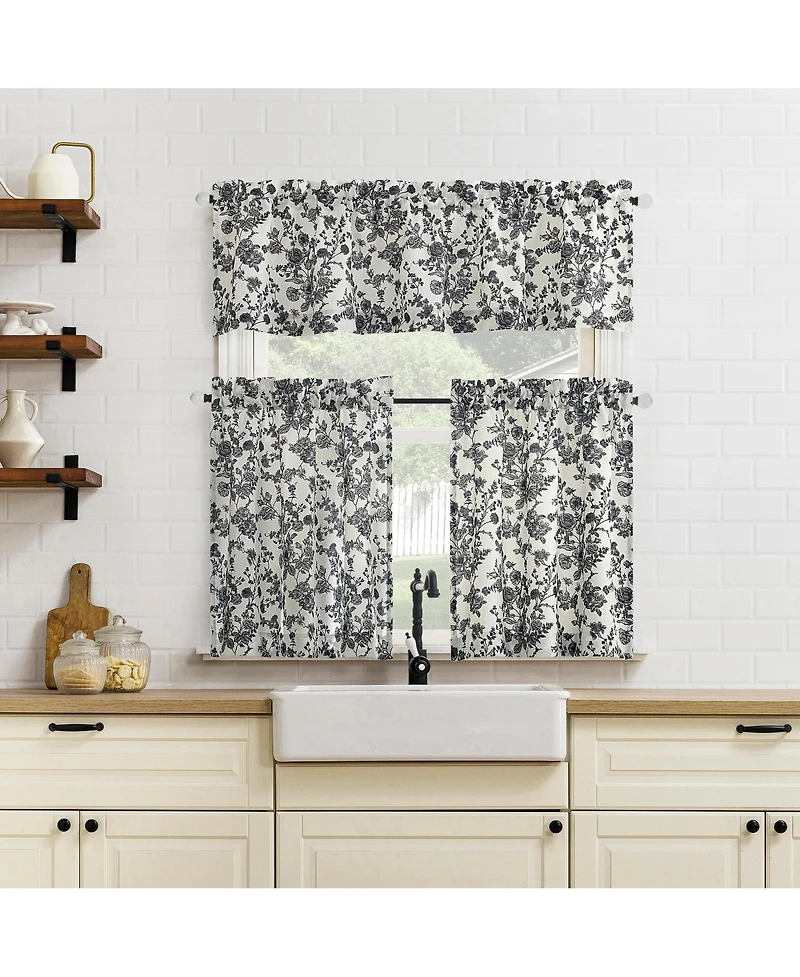 No. 918 Elodie Tonal Botanical Semi-Sheer Rod Pocket Kitchen Curtain Tier Pair