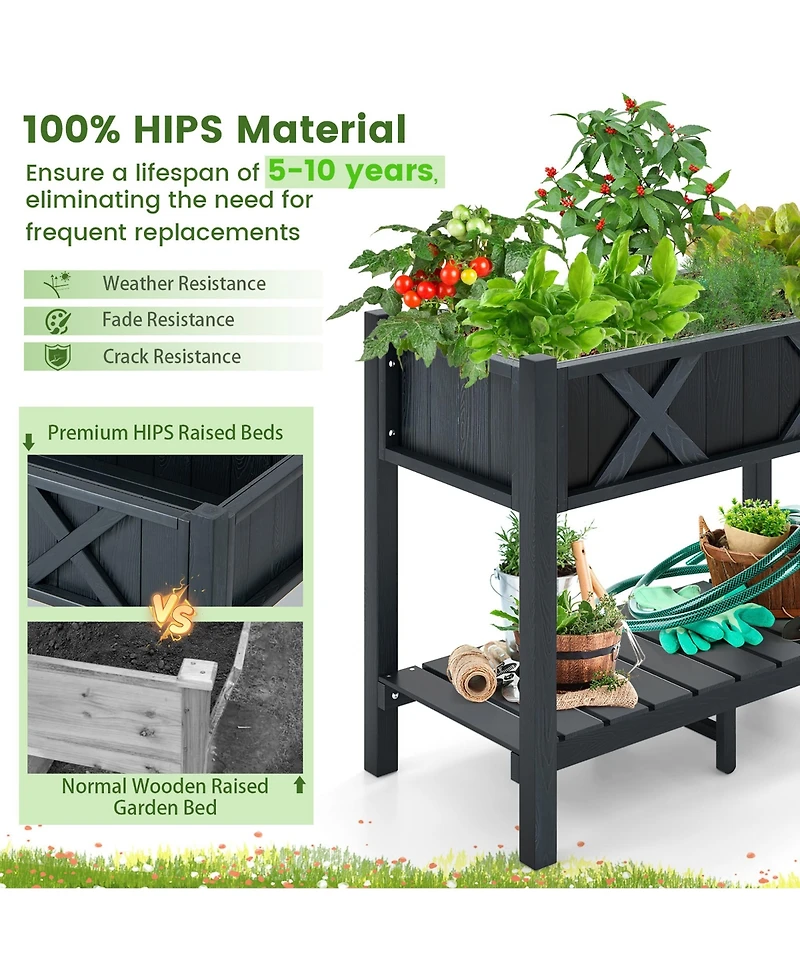 Gymax Hips Raised Garden Bed Poly Wood Elevated Planter Box w/ Legs & Storage Shelf