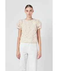 endless rose Women's Pearl and Tulle Textured Top