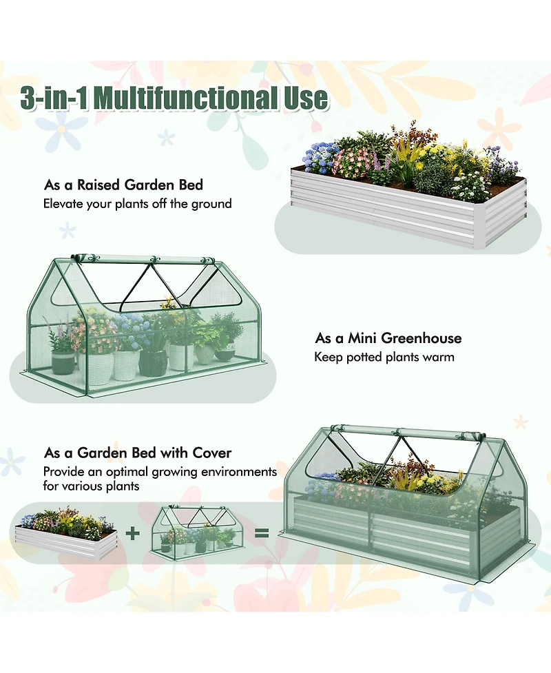 Gymax Galvanized Steel Raised Garden Bed Metal Planter Box Kit w/ Mini Greenhouse Cover