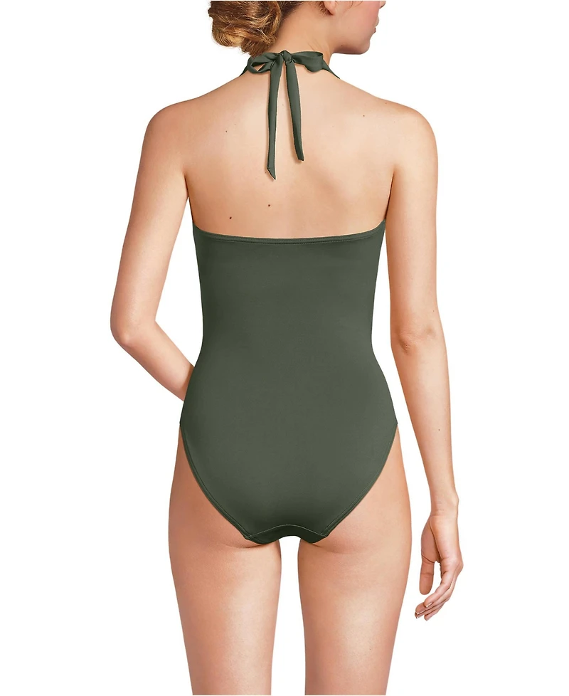 Lands' End Women's Long Sculpting Suit Plunge Halter High Leg One Piece Swimsuit