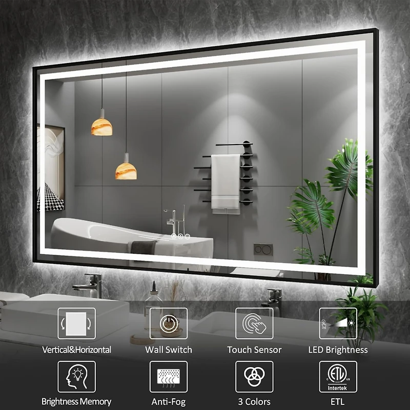 Amorho Led Bathroom Mirror, 32" x 32" Led Bathroom Mirror with Black Frame, Front Light and Backlit, Stepless Dimmable, Anti-Fog, Shatter-Pr